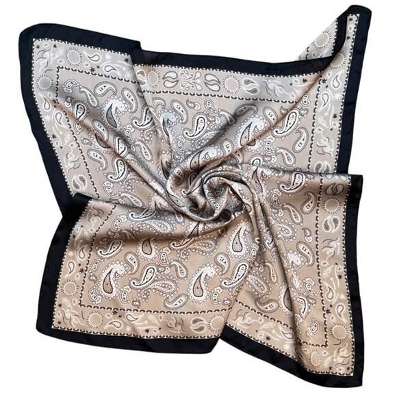 2/$30 NEW Coffee Mocha White Paisley Print Abstract Printed Silky Fashion Scarf - Picture 3 of 7